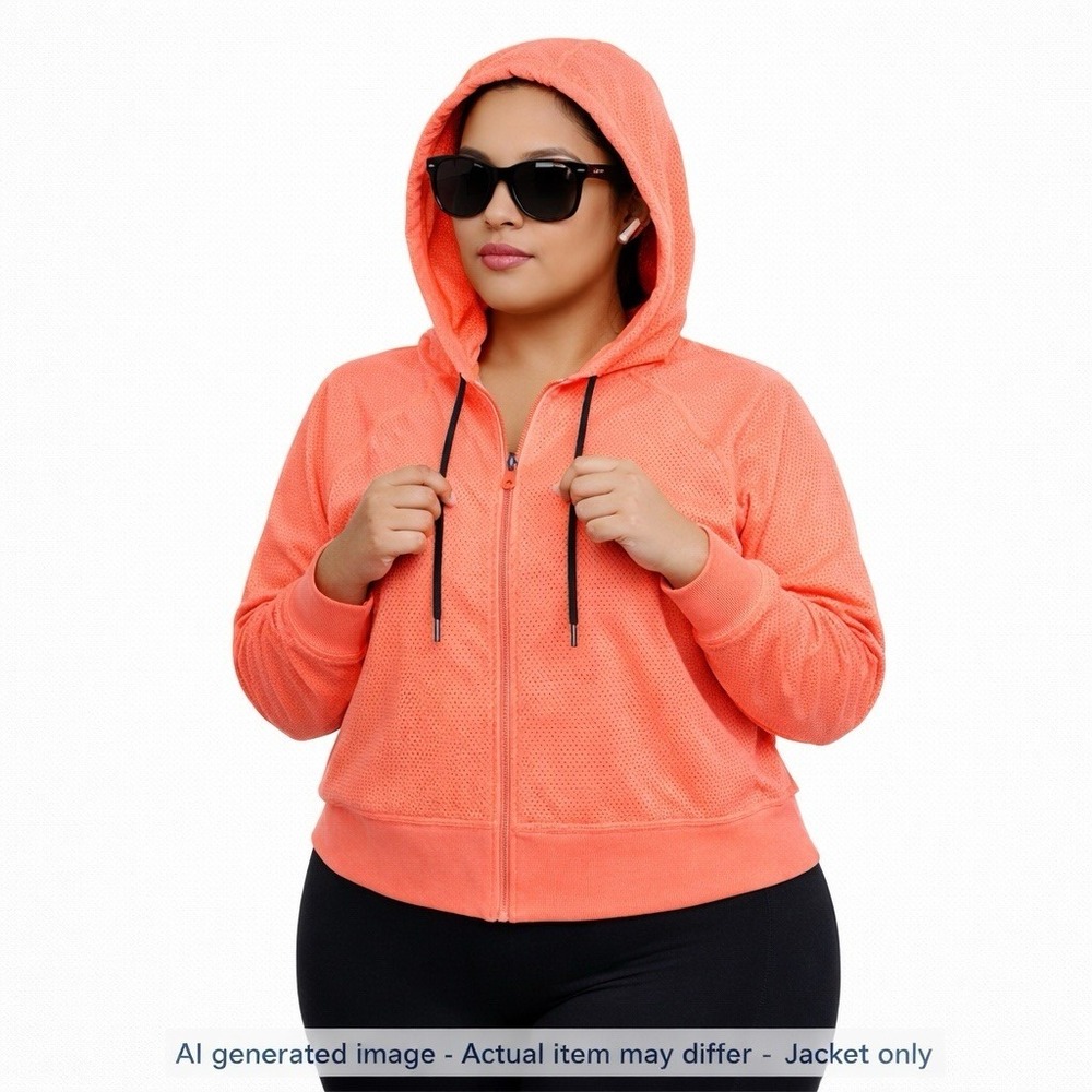 DKNY Sport Hoodie Womens 2X Neon Coral Full Zip Athleisure Sweatshirt Plus Size